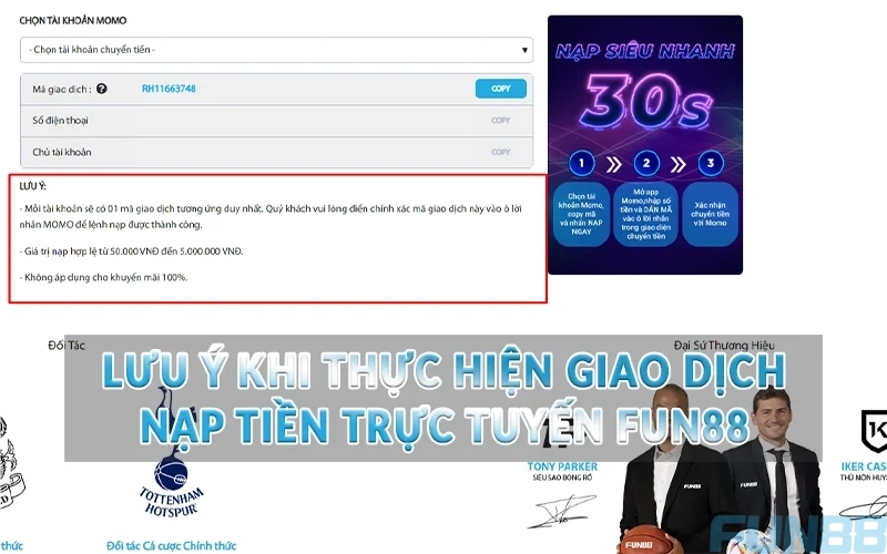 Nạp tiền Fun88 - Giao dịch an toàn và nhanh chóng 3 Lưu ý khi thực hiện giao dịch nạp tiền trực tuyến Fun88